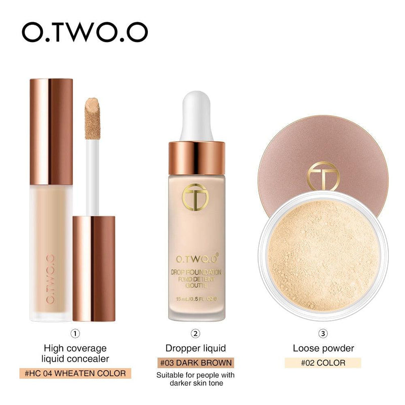 Kit Maquiagem Facial O.TWO.O - Corretivo, Base e Pó - Preços ao Alcance