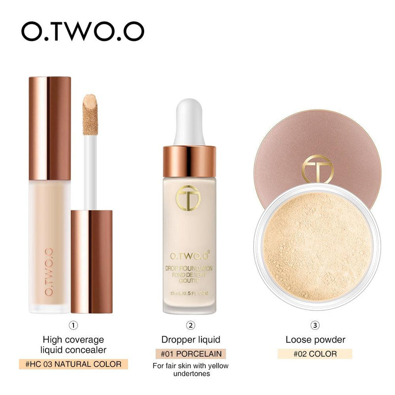 Kit Maquiagem Facial O.TWO.O - Corretivo, Base e Pó - Preços ao Alcance