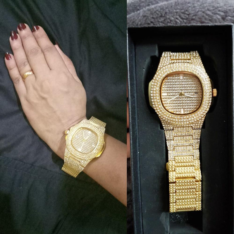 Relógio Unissex Banhado A Ouro 18k Pedras Em Zirconia - Frete Gratis - Preços ao Alcance
